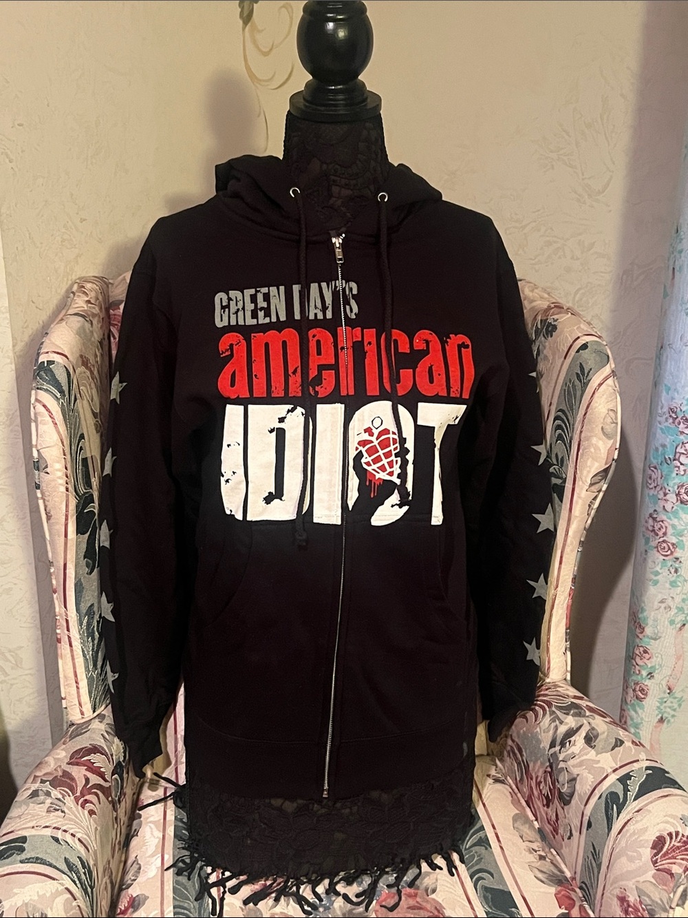 Green Day American Idiot Zip Hoodie - Black with Red & White Graphic